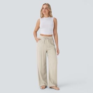 HALARA Linen -Feel Sand Drawstring High Waist Wide-Leg Pants Women’s S